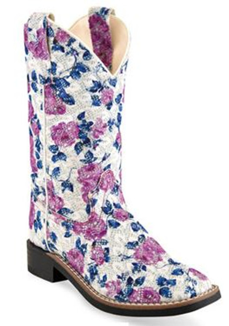 Old West- Girls Broad Square Toe Leatherette Boots- Floral Print/White  