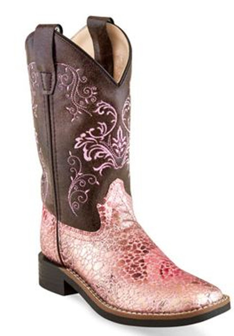 Old West- Girls Broad Square Toe Leatherette Boots- Antique Pink/Brown