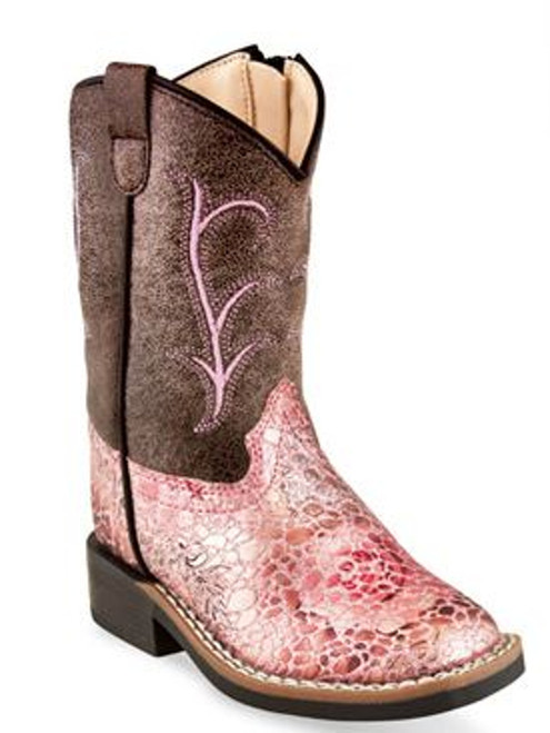Old West- Girls Toddler Broad Square Toe Leatherette Boots- Antique Pink/Brown