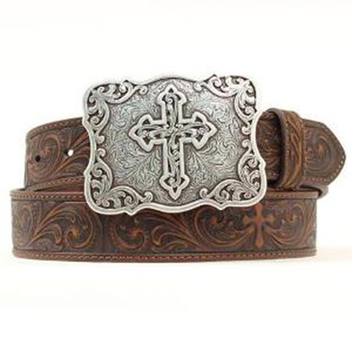 M&F - Ladies Fancy Tooled Belt With Cross Buckle - Brown