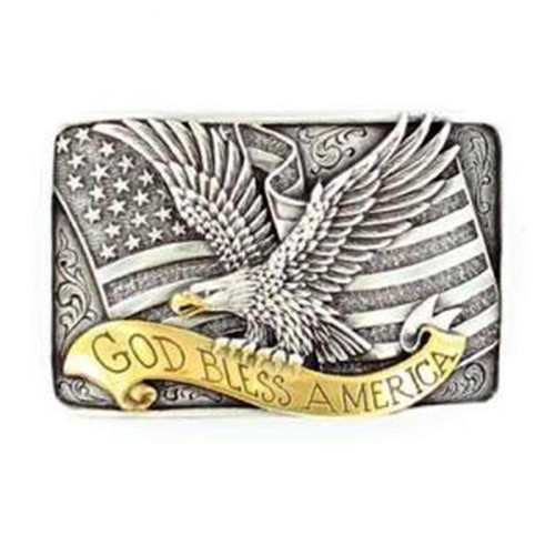 M&F - God Bless America Rectangle Belt Buckle - Silver
