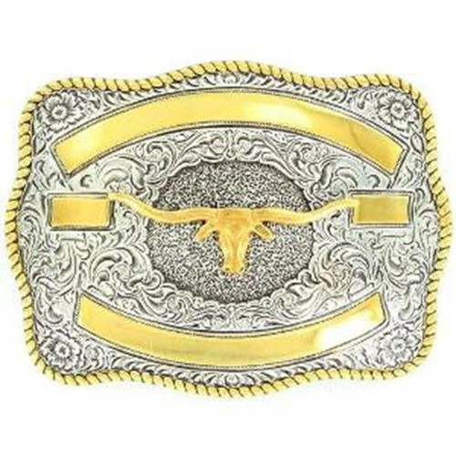 M&F - Rectangle Engravable Ribbon Longhorn Head Buckle - Silver Gold