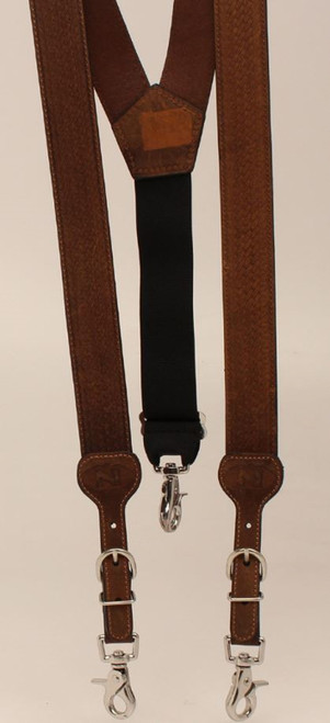 M&F Mens Leather Basketweave Suspenders Brown