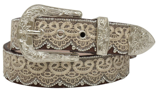 M&F Womens Lace & Bead Overlay Brown Croco Belt