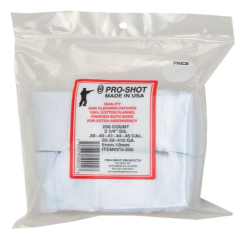 Pro-Shot Products Cotton Flannel Patches - .38-.45 Caliber/20-.410 Gauge 2.25 Inch Square 250 Per Bag