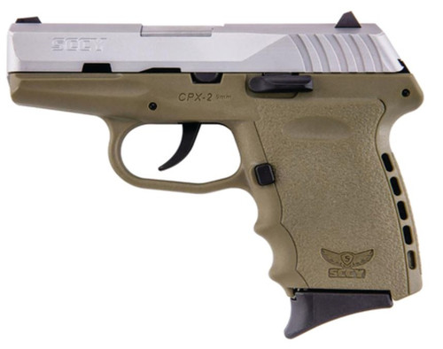 SCCY CPX-2 Without Manual Safety 9mm Caliber - 3.1 Inch Barrel - Natural Satin Stainless Steel Slide - Dark Earth Frame