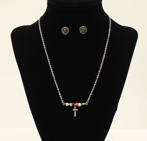 Blazin Roxx Silver Toned Beaded Cross Necklace & Earring Set