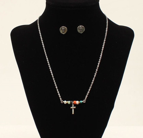 M&F Blazin Roxx Silver Toned Beaded Cross Necklace & Cross Earring Set