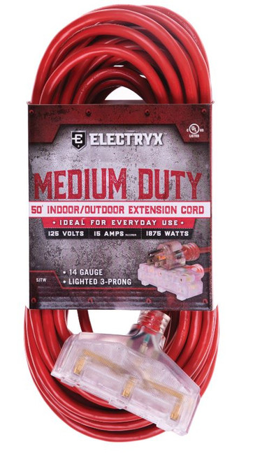 Electryx Medium Duty Indoor/Outdoor Triple Tap Extension Cord 50 FT Red