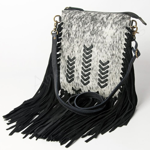 American Darling Black & White Cowhide With Fringe Crossbody Purse