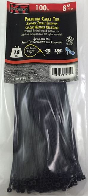 KT Industries 8" Ultra Light Duty Cable Ties, UV Black - (100 Pack)
