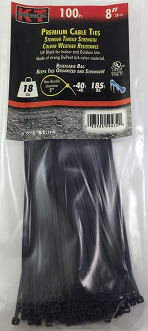 KT Industries 8" Ultra Light Duty Cable Ties, UV Black - (100 Pack)