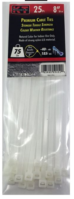 KT Industries 8" Standard Duty Cable Ties (Natural) - 25 Pack