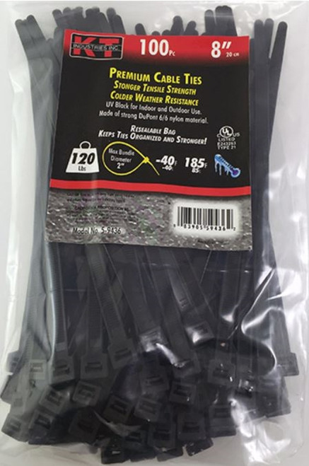 KT Industries 7.9" Heavy Duty Cable Ties, UV Black - (100 Pack)