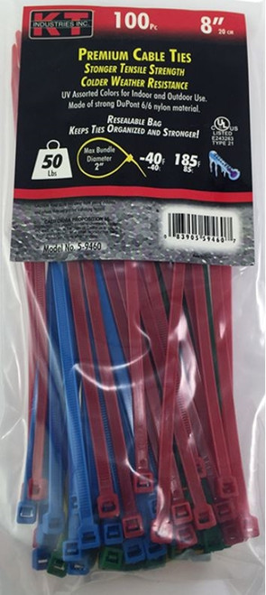 KT Industries 8" Standard Duty Cable Ties, Assorted Colors - (100 Pack)