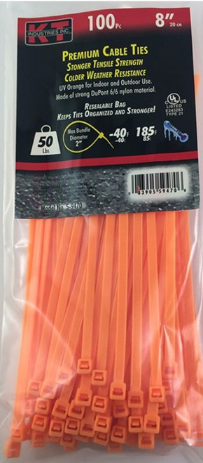 KT Industries 8" Standard Duty Cable Ties, Orange - (100 Pack)