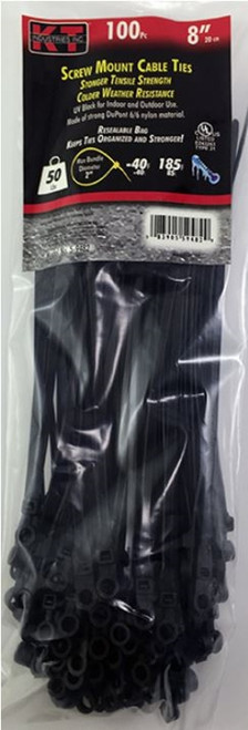 KT Industries 8" SD Screw Mount Premium Cable Ties, Black - (100 Pack)