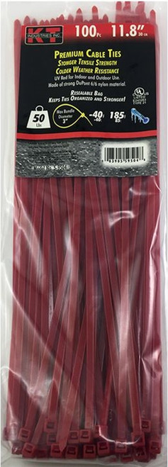 KT Industries 11.8" Standard Duty Cable Ties, Red - (100 Pack)