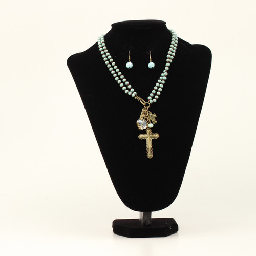 Blazin Roxx Turquoise Beaded Necklace with Gold Cross Charms Jewelry Set