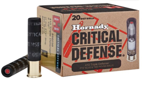 Hornady Critical Defense Triple Defense .410 Gauge 2.5 Inch 750 FPS FTX Slug Over Two Round Balls - 20 Per Box