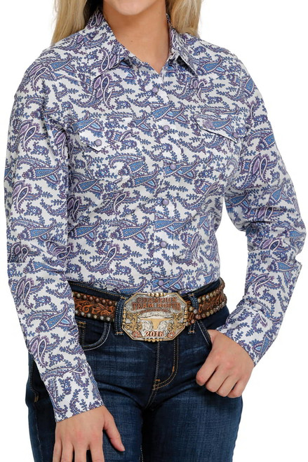 Cinch Womens White Blue and Purple Paisley Snap Long Sleeve Western Shirt
