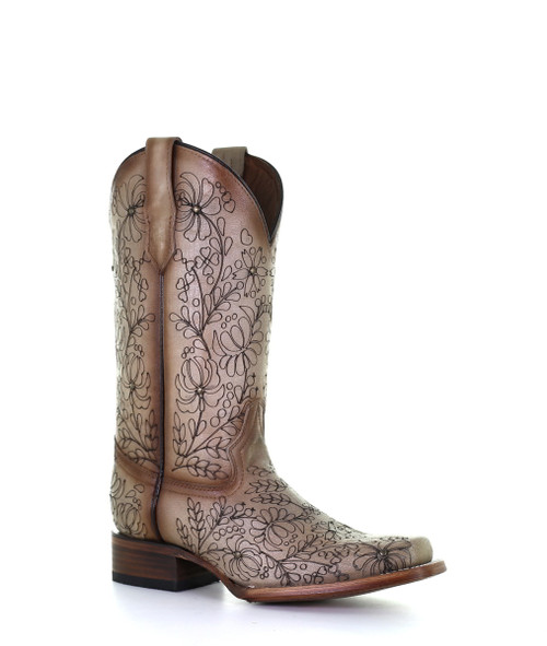 Circle G Womens Sand Floral Embroidery Leather Square Toe Boots