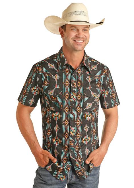 Rock & Roll Cowboy Mens Black Digital Aztec Snap Short Sleeve Western Shirt