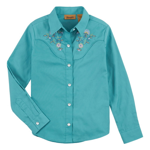 Wrangler Girls Teal Floral Embroidered Snap Western Long Sleeve Shirt