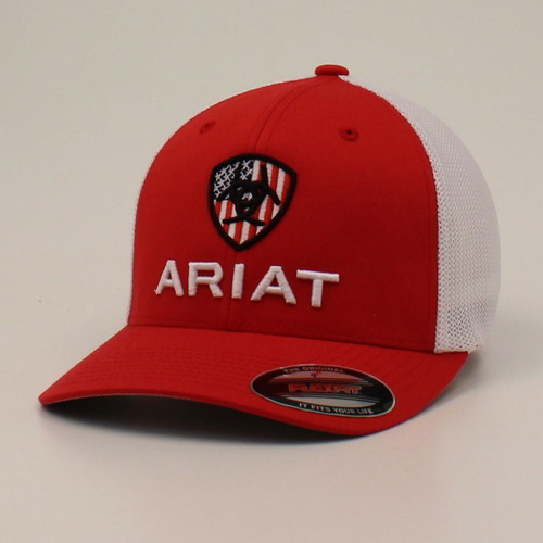 Ariat Mens Red With Flag Shield Ball Cap