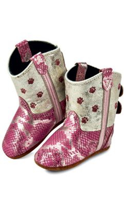 Old West Infant Girls Pink and Silver Snake With Pawprint Poppet Boots
