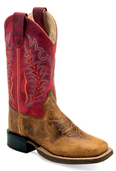 Old West Boys Burnt Red and Brown Square Toe Cowboy Boots