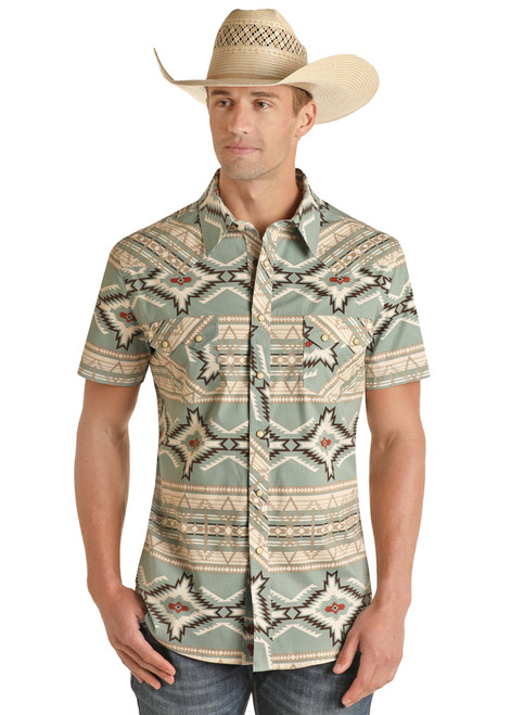 Panhandle Mens Aqua Short Sleeve Woven Aztec Print Shirt