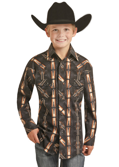 Panhandle Boys Chocolate Aztec Long Sleeve Western Shirt
