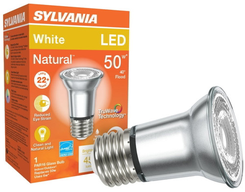 Sylvania 40930 Natural LED Bulb, Spotlight, PAR16 Lamp, E26 Lamp Base, Dimmable, Cool White Light, 3000 K Color Temp