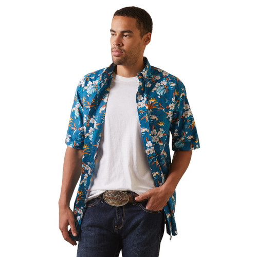 Ariat Mens Lyons Blue Floral Casual Classic Fit Keon Short Sleeve Shirt