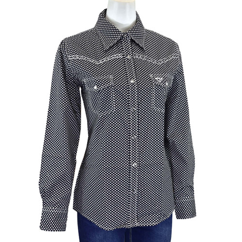 Cowgirl Hardware Ladies Black and White Donut Print Long Sleeve Western Shirt