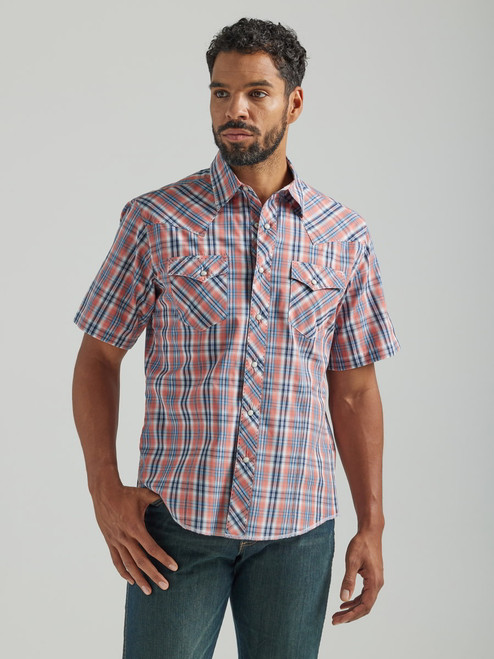Wrangler Mens Blue & Coral Modern Fit Fashion Snap Short Sleeve Shirt