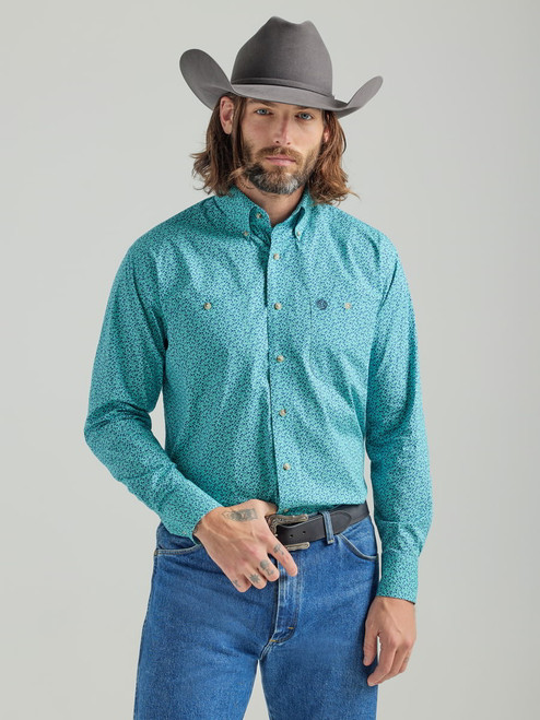 Wrangler George Strait Mens Teal and Navy Floral Two Pocket Long Sleeve Shirt