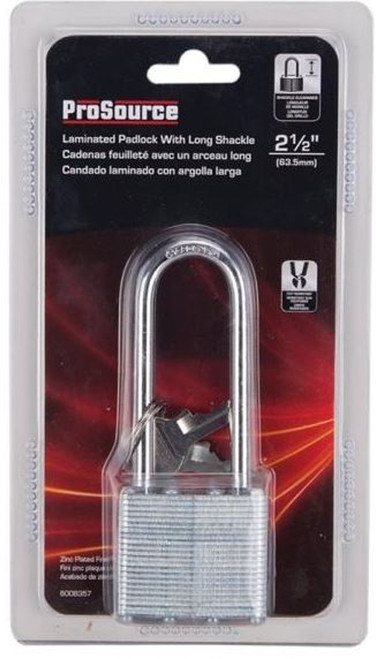 ProSource 6006381 Laminated Padlock - 1-3/4 In, 4 Pins, Long Hardened Steel Shackle, Galvanized Steel, Zinc Plated