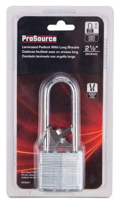 ProSource 6006357 Laminated Padlock - 1-1/2 In, 4 Pins, Long Hardened Steel Shackle, Galvanized Steel, Zinc Plated