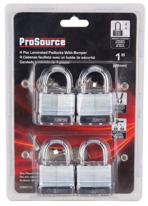 ProSource 2368702 Laminated Padlock With Bumper - 1-1/2 In, Keyed Alike, 4 Pins, Hardened Steel Shackle, Galvanized Steel