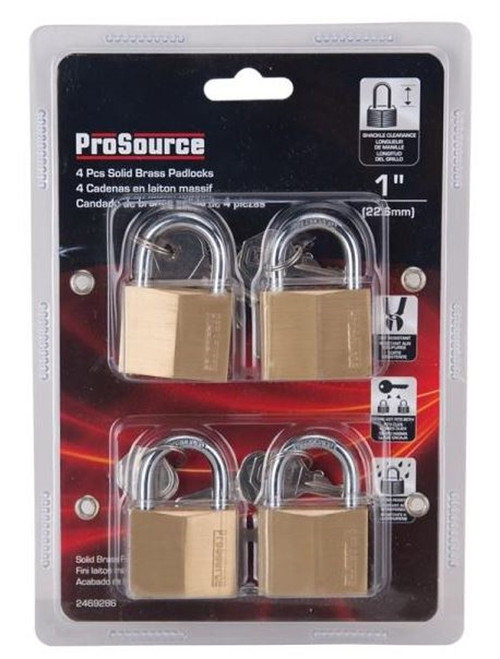 ProSource 2469286 Padlock - 1-1/2 In, Keyed Alike, 4 Pins, Long Hardened Steel Shackle, Solid Brass