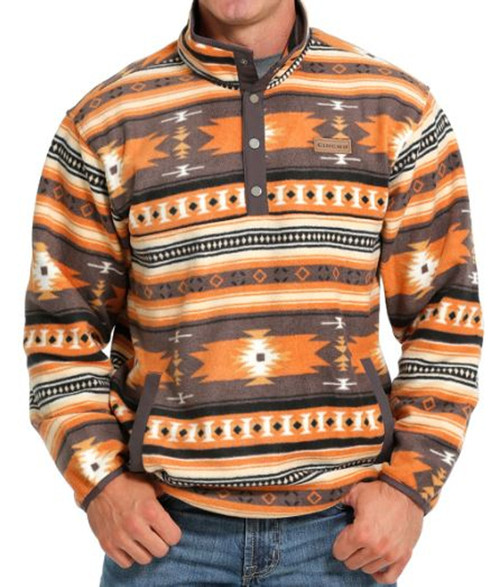 Cinch Men's Gray/Orange Aztec Printed Polar Fleece Pullover