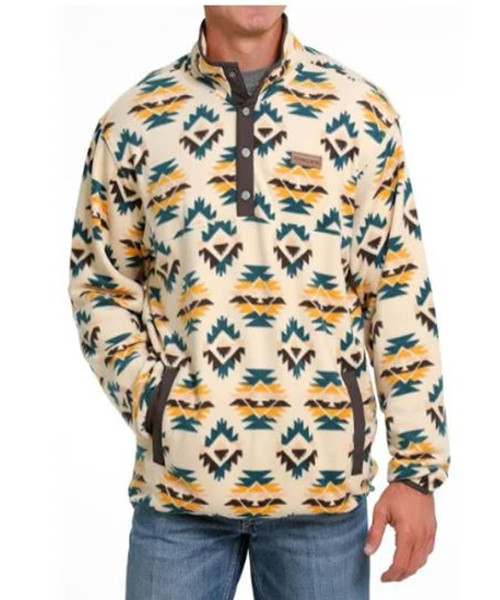 Cinch Men's Cream/Yellow/Turquoise Aztec Printed Polar Fleece Pullover