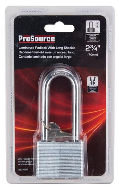 ProSource 2337996 Laminated Padlock - 2 In, 4 Pins, Long Hardened Steel Shackle, Galvanized Steel, Zinc Plated