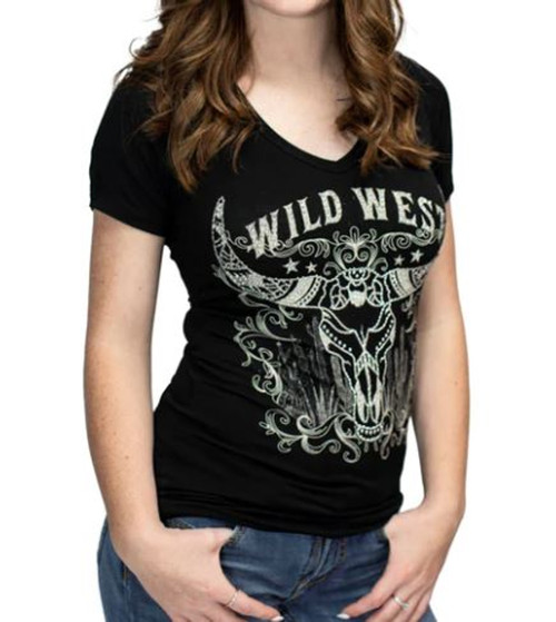 Liberty Wear Apparel Women's Black Short Sleeve Shirt with Wild West Steer Graphic