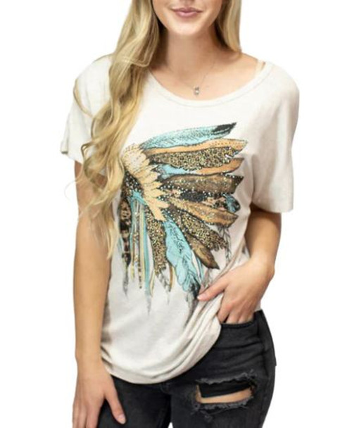 Liberty Wear Apparel Women's Oat Short Sleeve Shirt with Vibrant Headdress Top Graphic