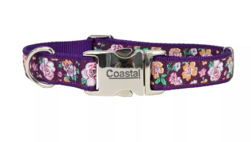 Coastal Ribbon Adjustable Dog Collar with Metal Buckle Purple Setched Floral
