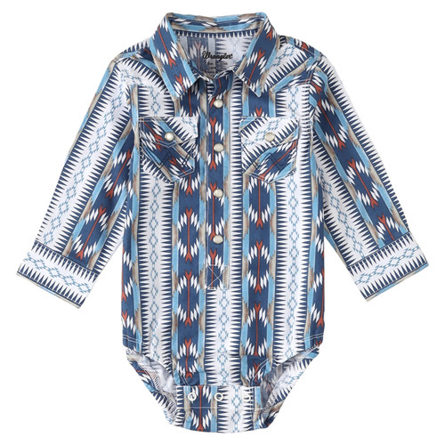 Wrangler Infant Boy's Long Sleeve Western Snap Bodysuit in Multi Blue Aztec Print