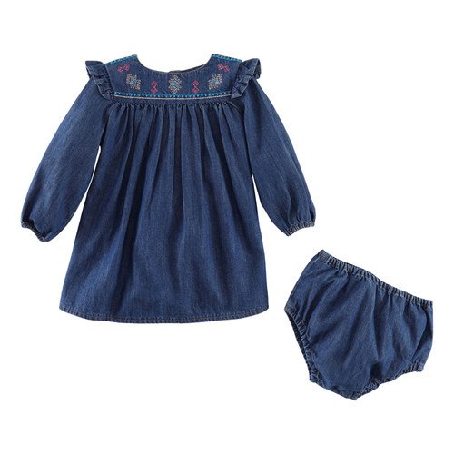 Wrangler Infant Girl's Aztec Collar Print Peasant Ruffle Dress in Dark Denim